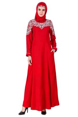MyBatua Red Rayon Heavy Embroidered Abaya 1