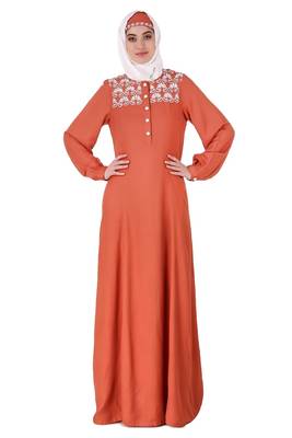 MyBatua Red Rayon Embellished Yoke Formal Abaya 1