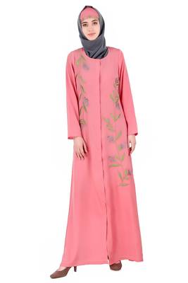 MyBatua Pink Crepe Dusty Pink Front Open Embellished Abaya 1