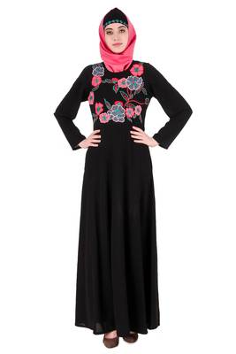 MyBatua Black Nida Floral Patchwork Semi-Circular Abaya 1