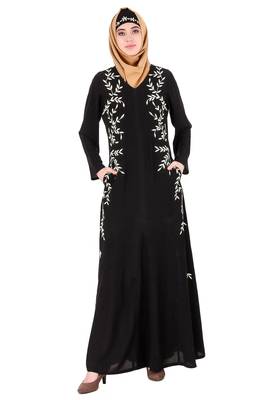 MyBatua Black Nida Black Leaf Embroidered Nida Abaya 1