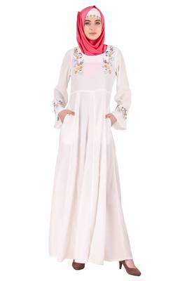 MyBatua White Crepe Colorful Embroidered Bell Sleeve Abaya 1