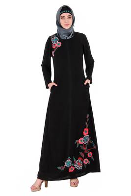 MyBatua Black Nida Floral Patch Work A-Line Abaya 1