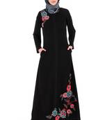 MyBatua Black Nida Floral Patch Work A-Line Abaya