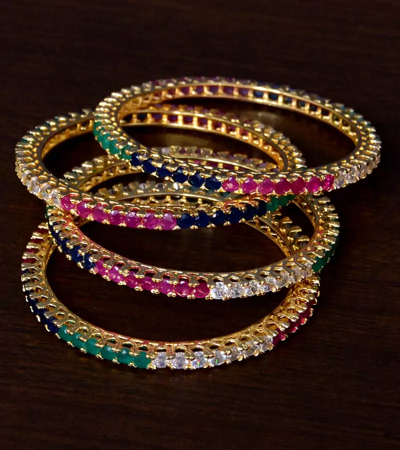Ruby, Emerald, Sapphire and Diamond Embellished Brass Made Two Pairs of Bangles