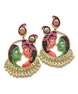 Women Stylish Meenakari Chandbali With Earrings For Girls Radha Krishna Art Bridal Set Jewellery 1