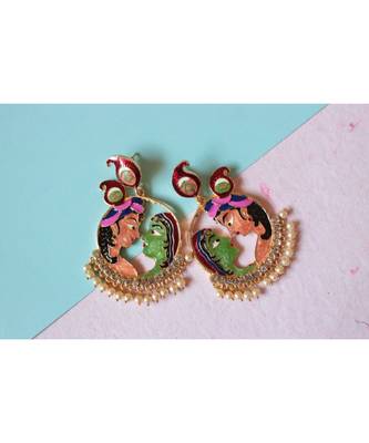 Women Stylish Meenakari Chandbali With Earrings For Girls Radha Krishna Art Bridal Set Jewellery 2