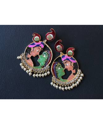 Women Stylish Meenakari Chandbali With Earrings For Girls Radha Krishna Art Bridal Set Jewellery 3