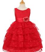 Red Plain Net Kids Frocks