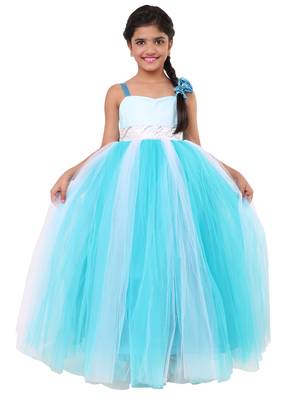 Blue Plain Net Kids Frocks 1
