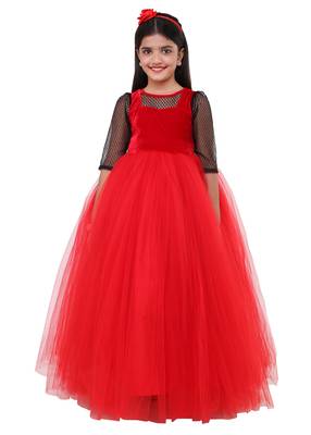 Red Plain Net Kids Frocks 1