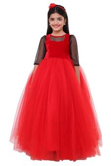 Red Plain Net Kids Frocks