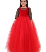 Red Plain Net Kids Frocks