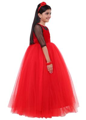 Red Plain Net Kids Frocks 2