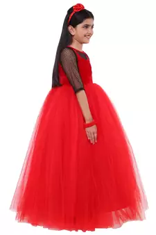Red Plain Net Kids Frocks