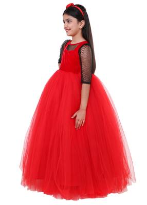 Red Plain Net Kids Frocks 3