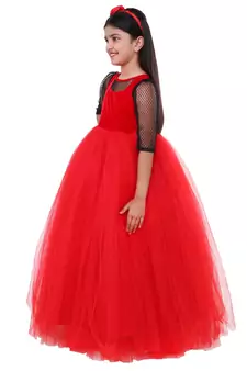 Red Plain Net Kids Frocks