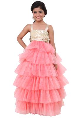 Pink Plain Net Kids Frocks 1
