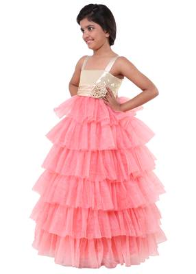 Pink Plain Net Kids Frocks 3