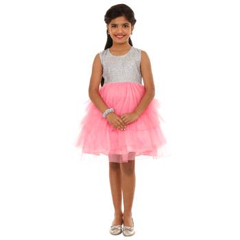 Pink Plain Tissue Kids Frocks 1