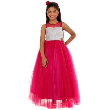 Pink Plain Net Kids Frocks 1