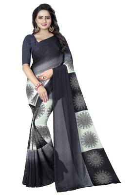 Black printed georgette saree with blouse 1