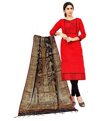 Red Embroidered Banaras Silk Unstitched Salwar With Dupatta 1