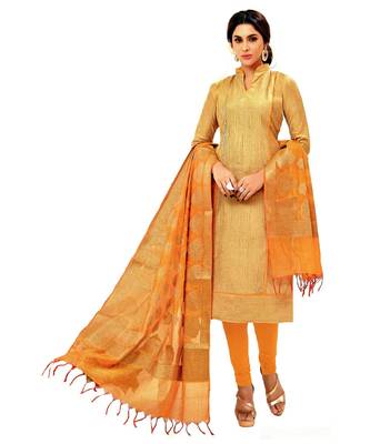 Yellow Embroidered Banaras Silk Unstitched Salwar With Dupatta 1