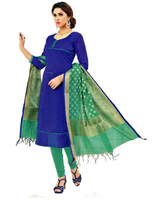 Blue Embroidered Banaras Silk Unstitched Salwar With Dupatta 1