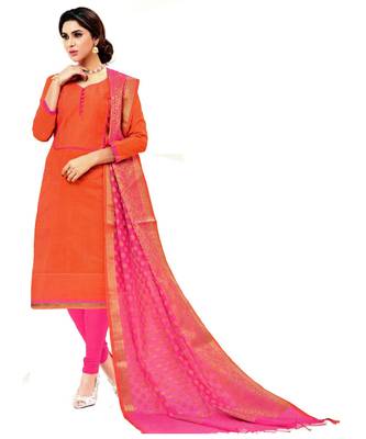 Orange Embroidered Banaras Silk Unstitched Salwar With Dupatta 1
