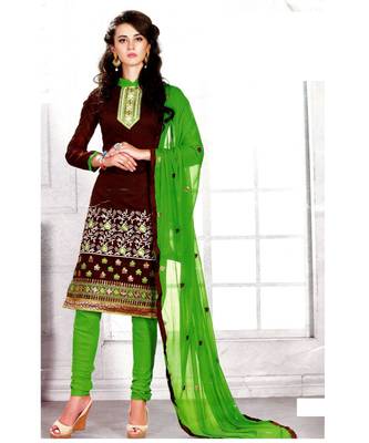Brown Embroidered Chanderi Silk Unstitched Salwar With Dupatta 1