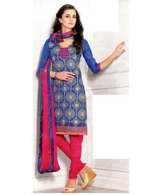 Blue Embroidered Chanderi Silk Unstitched Salwar With Dupatta 1