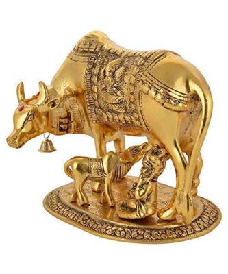 Large Gold Cow And Calf Metal Statue with Ladoo Gopal 1