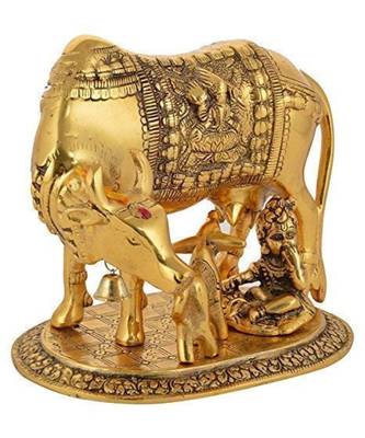 Large Gold Cow And Calf Metal Statue with Ladoo Gopal 2