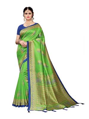 Green printed poly silk saree with blouse 1