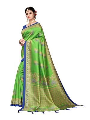 Green printed poly silk saree with blouse 2