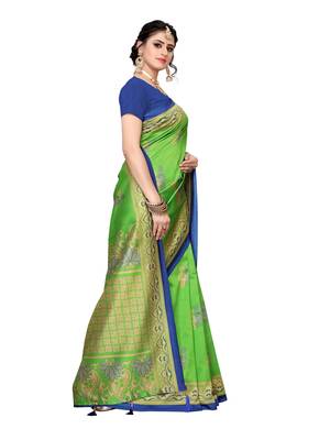 Green printed poly silk saree with blouse 3