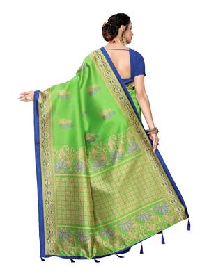 Green printed poly silk saree with blouse 4