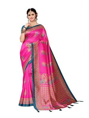 Pink printed poly silk saree with blouse 1