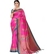 Pink printed poly silk saree with blouse