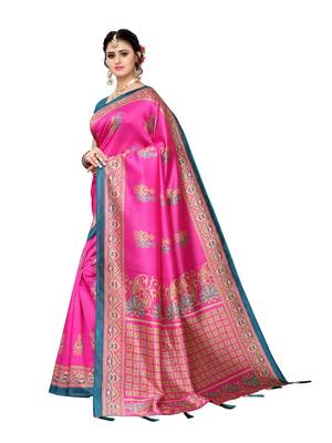 Pink printed poly silk saree with blouse 2