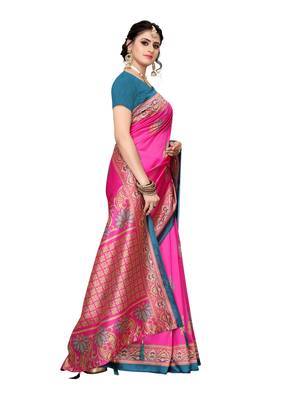 Pink printed poly silk saree with blouse 3