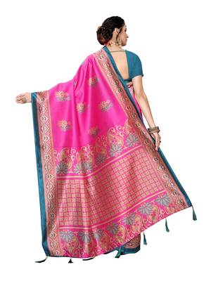 Pink printed poly silk saree with blouse 4
