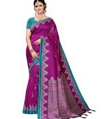 Purple printed poly silk saree with blouse