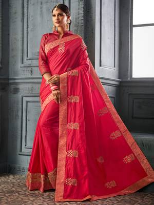red embroidered silk blend saree with blouse 1