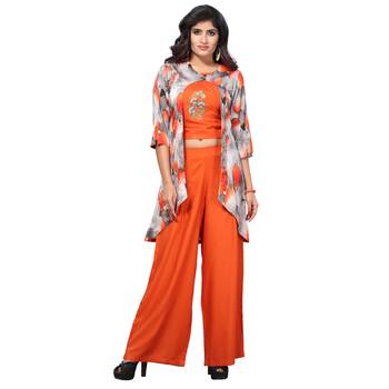 Orange Rayon Crop Top with Jacket and Palazzo Set for Women 1