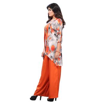 Orange Rayon Crop Top with Jacket and Palazzo Set for Women 3