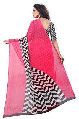 Pink printed georgette saree with blouse 2