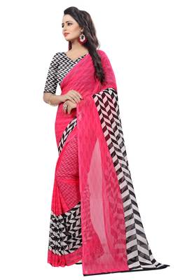 Pink printed georgette saree with blouse 4