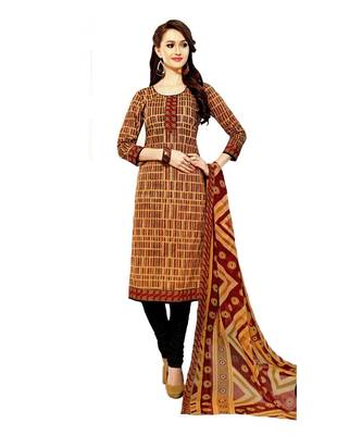 Brown Printed Cotton Unstitched Salwar With Dupatta 1